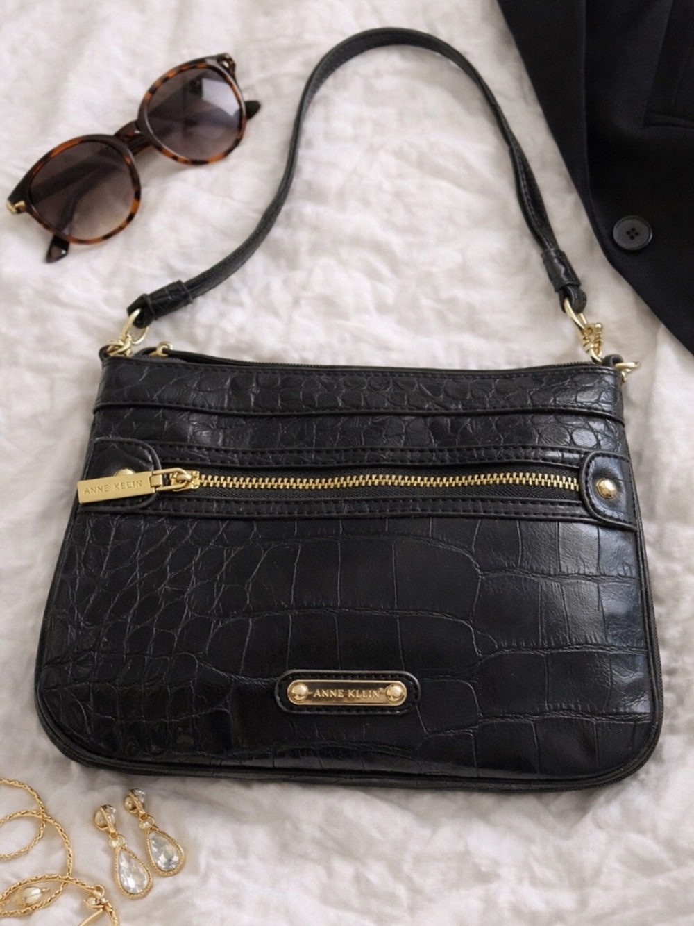 Vintage Anne Klein Black Croc Embossed Shoulder Bag Gold Hardware Y2K Purse